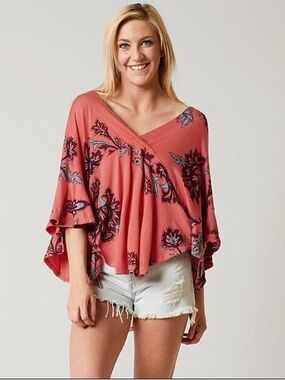 Free People Large Coral Paisley Floral Boho Flutter V-neck Side Tie Blouse
